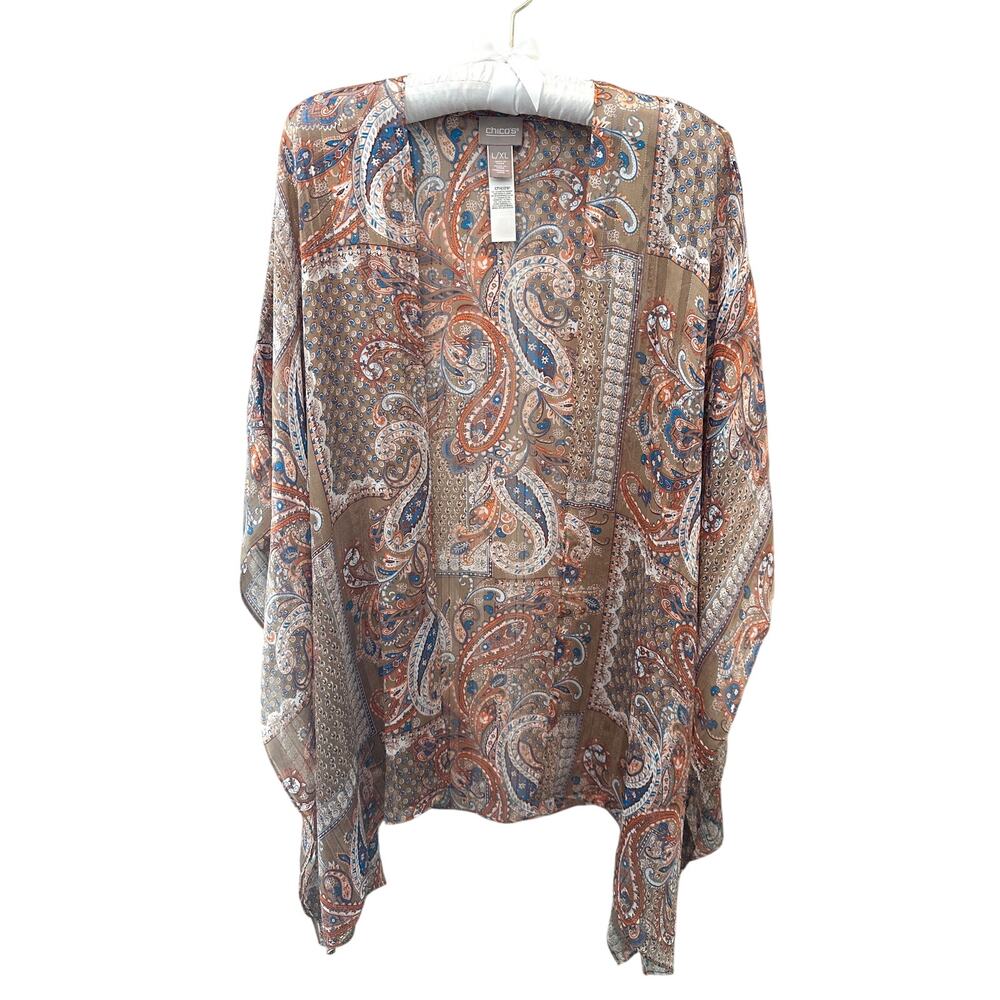 CHICO’S Paisley Shimmer Patchwork Kimono Ruana Open Front Boho Swim Cover | L/XL
